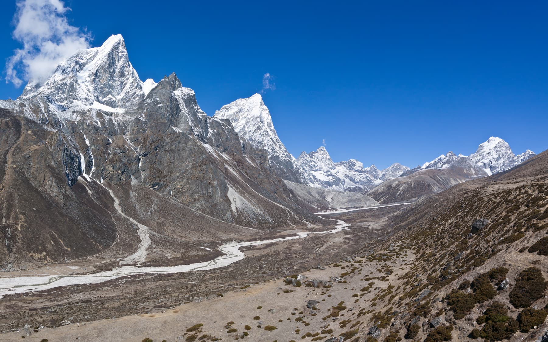 A broad valley in the upper Khumbu ringed by snow peaks